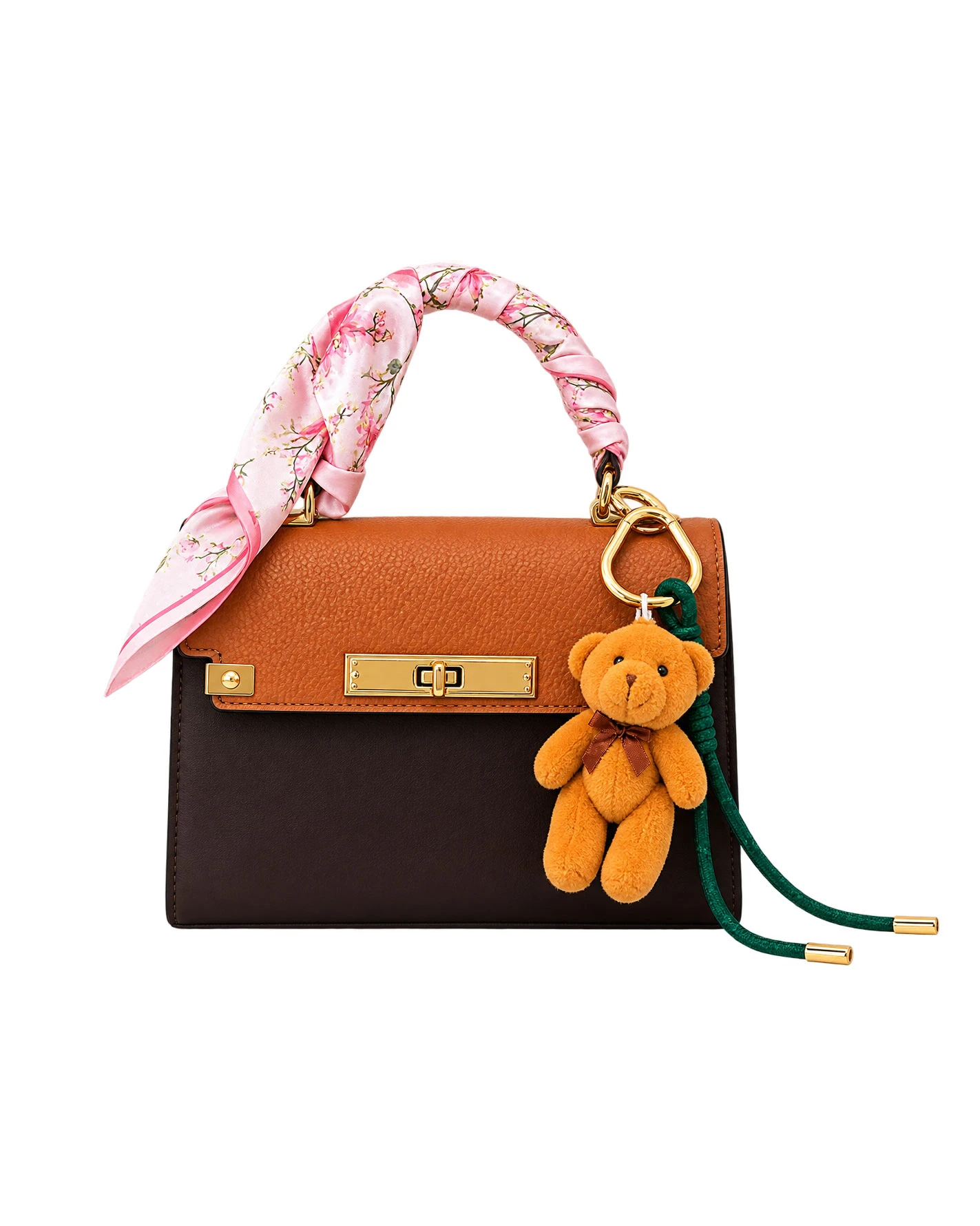 Lucenaa Top Handle Bag (Brown & Burgundy Color-Block with Plush Teddy Bear Keychain)