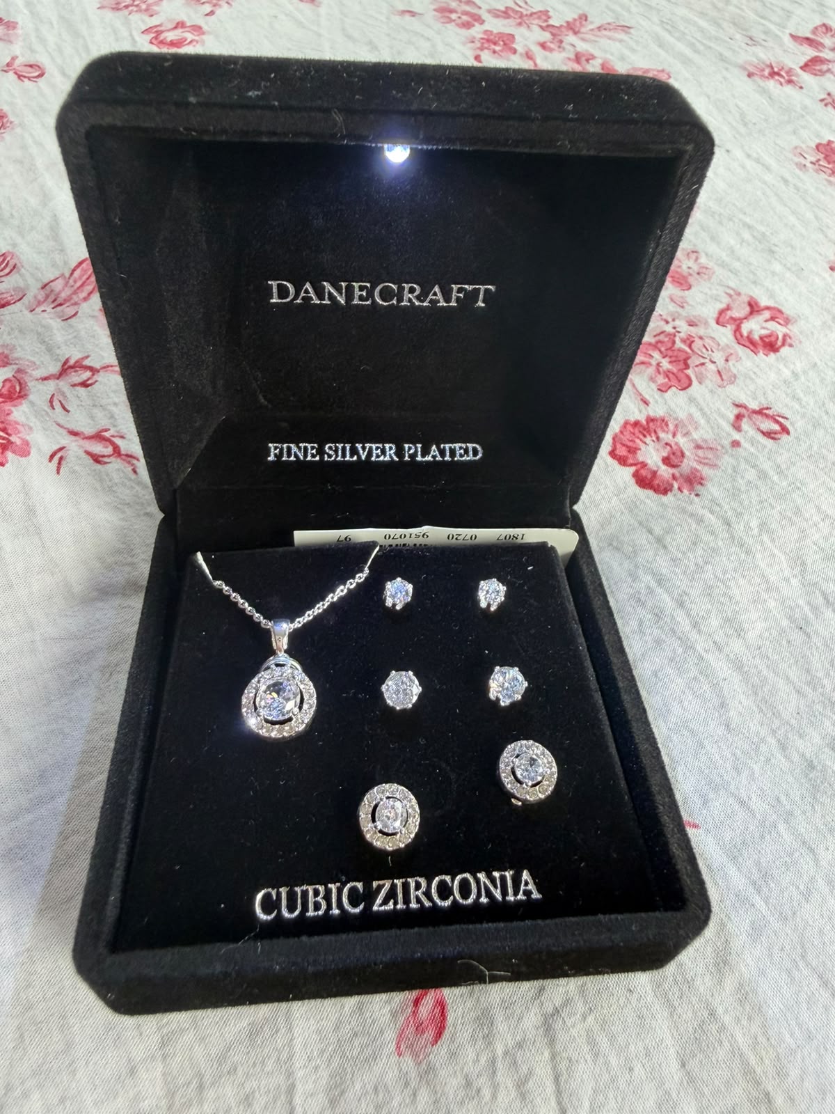 Danecraft Cubic Zirconia Round Halo Necklace + 3 Piece Earring Set