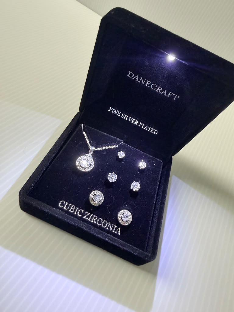 Danecraft Cubic Zirconia Round Halo Necklace + 3 Piece Earring Set