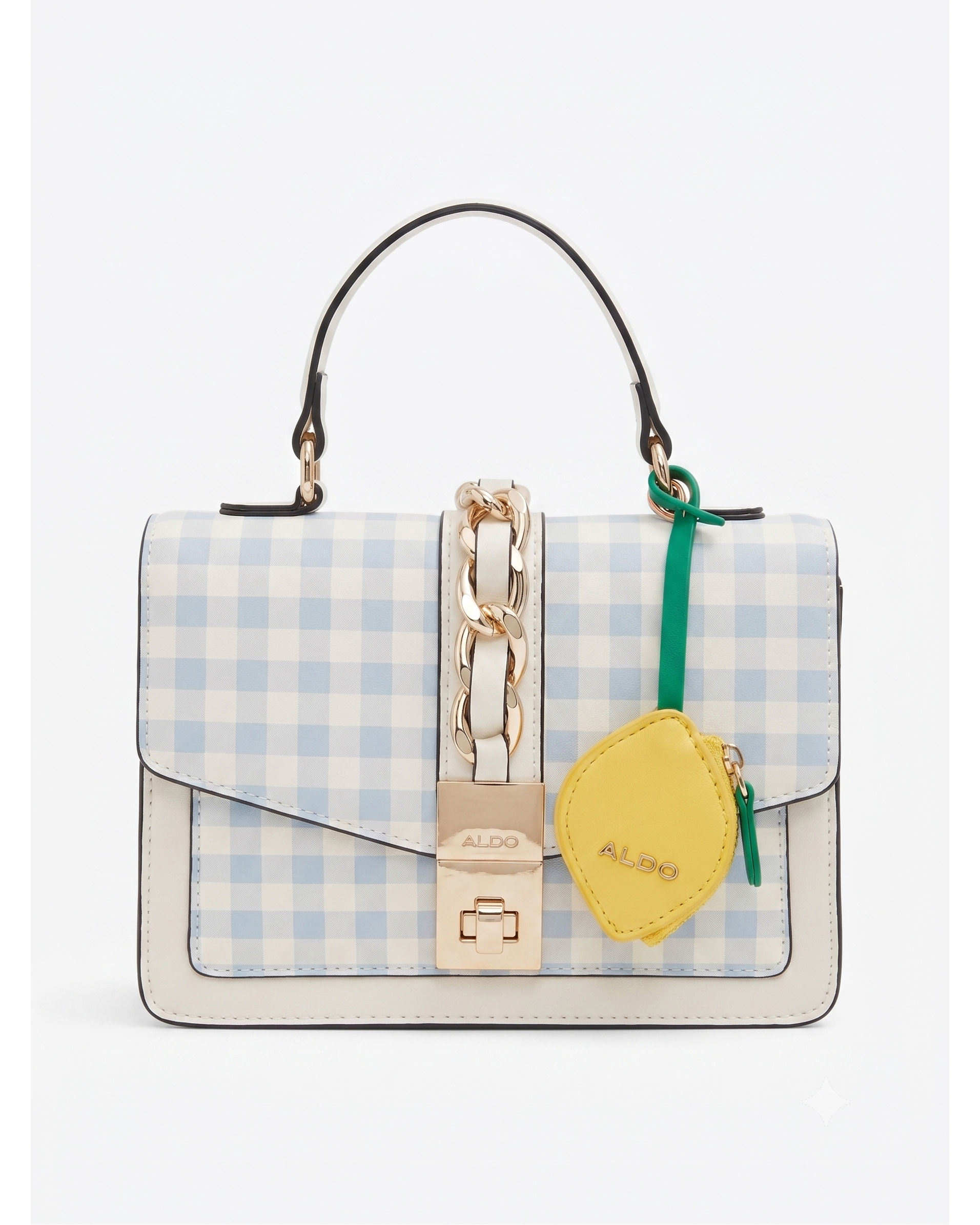 Lucenaa Top Handle Bag (Light Blue & White Gingham Print with Lemon Pouch Charm)