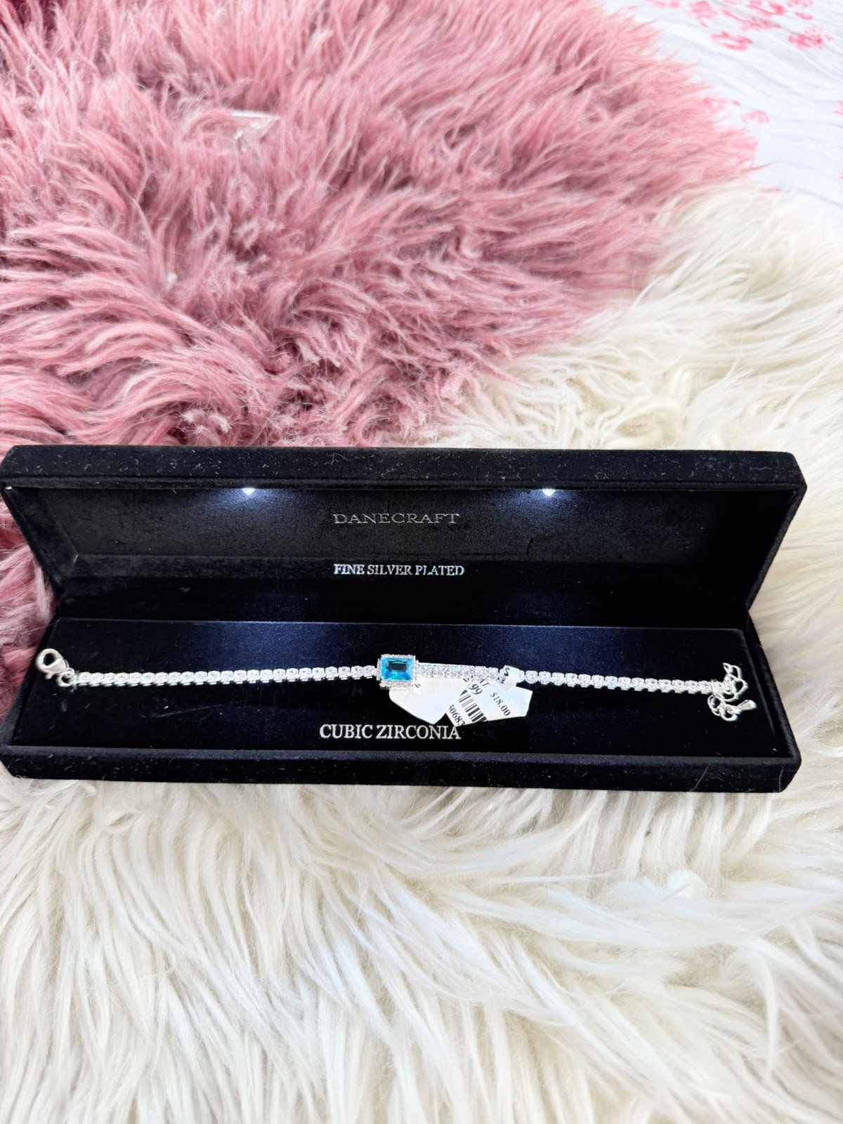 Danecraft Fine Silver Plated Cubic Zirconia Tennis Bracelet with Blue Emerald-Cut Stone