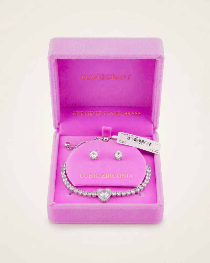 Heart-Charm Slider Bracelet and Matching Stud Earrings